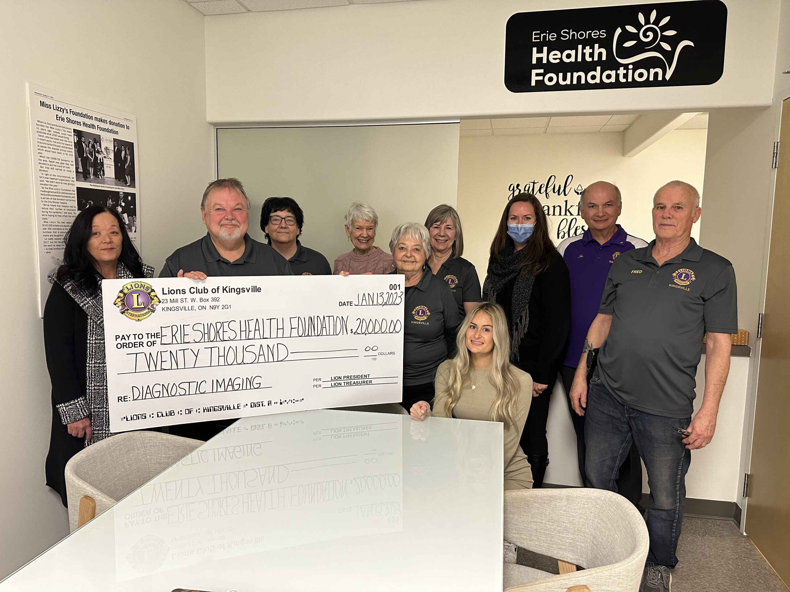 The Lions Club of Kingsville Kick-Starts Erie Shores HealthCare’s New Year with a $20,000 Cheque for Erie Shores Health Foundation